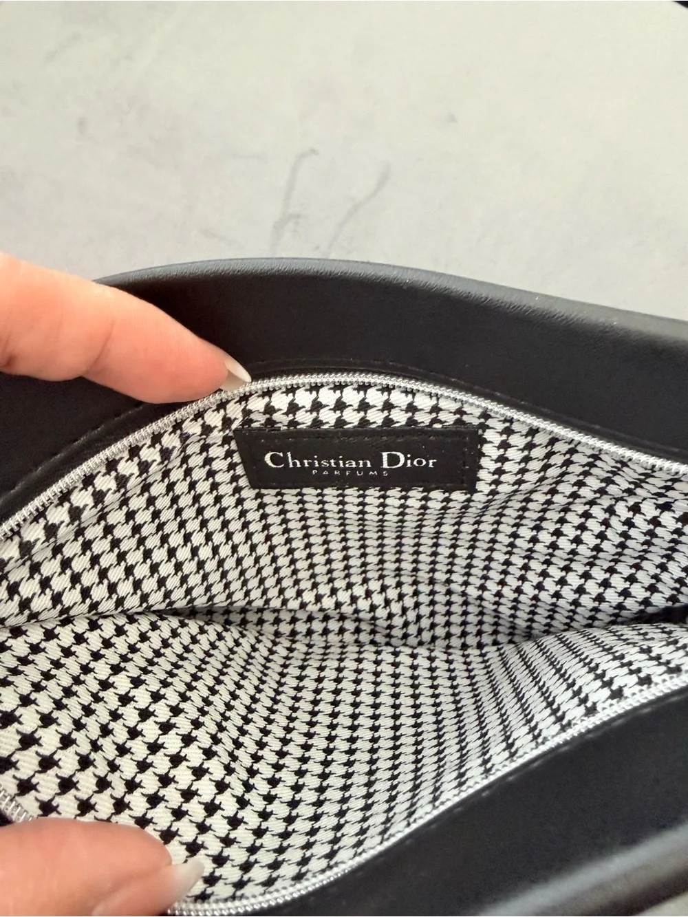 Dior Black Leather Cosmetic Pouch with White Logo